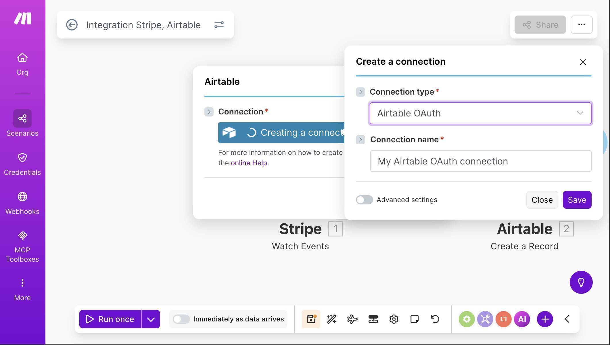 Make.com Airtable OAuth — connection type and name configuration