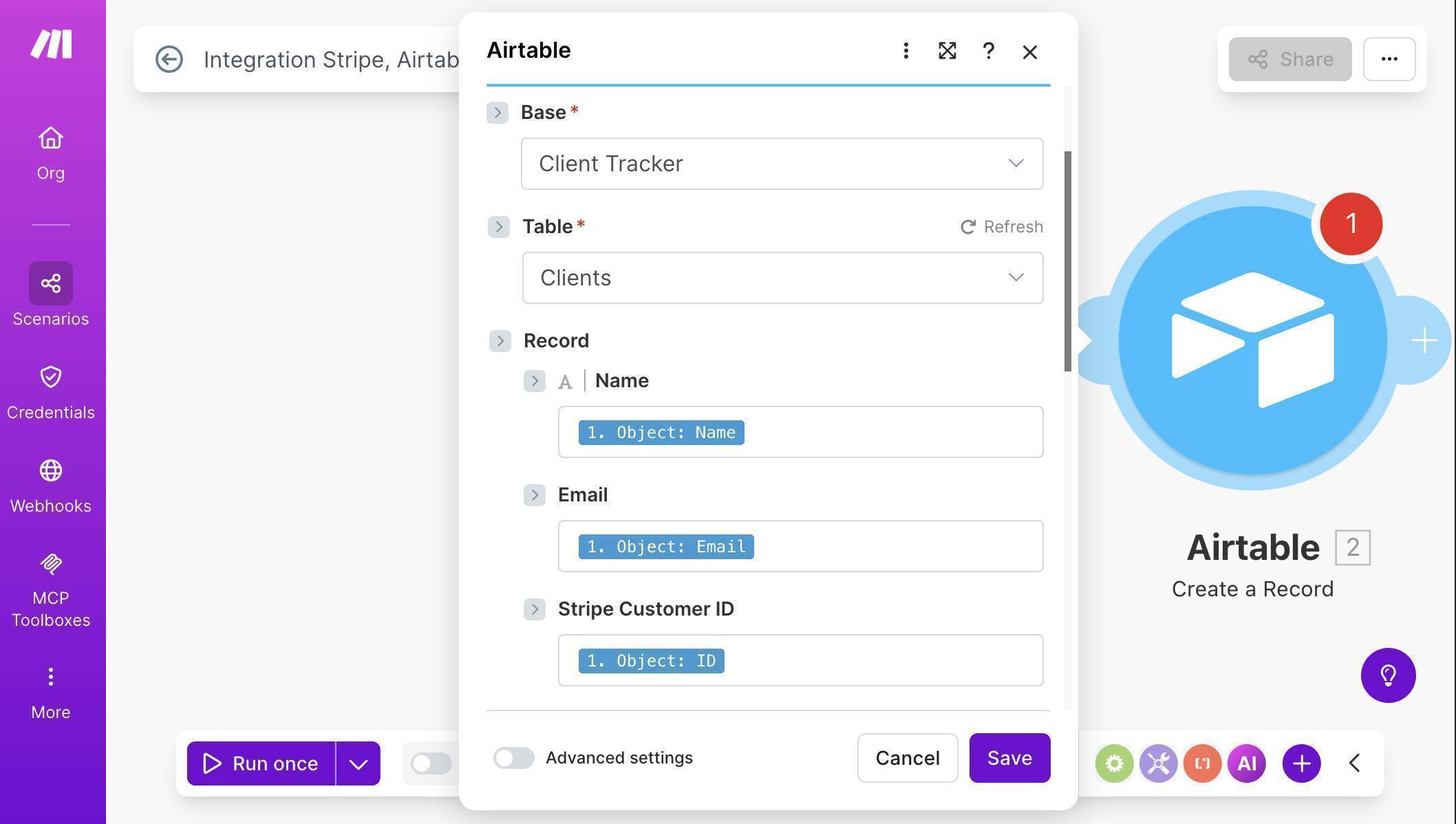 Make.com Airtable field mapping — Name, Email, and Stripe Customer ID mapped from Stripe