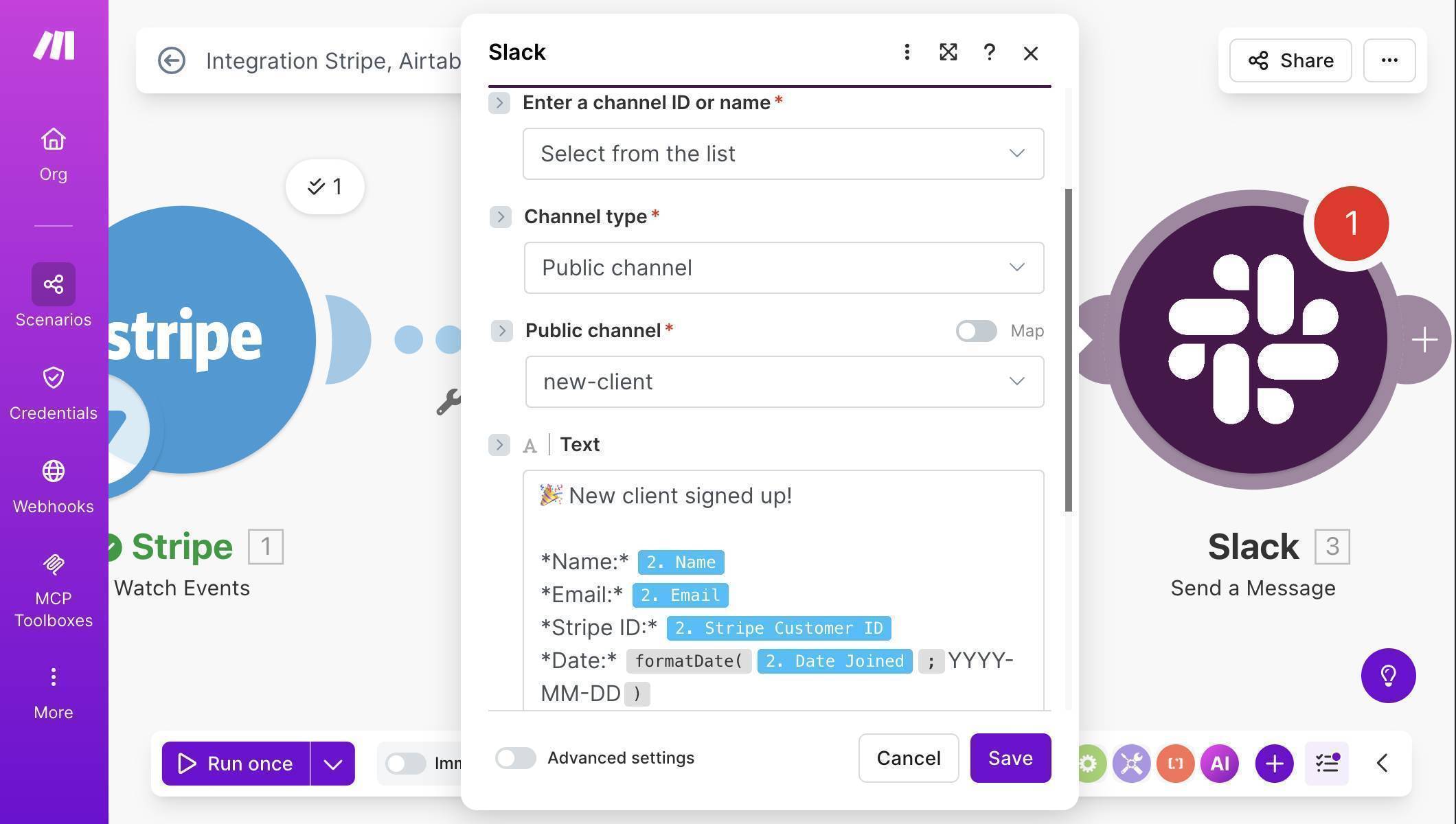 Make.com Slack module — channel selected and message template with mapped client fields