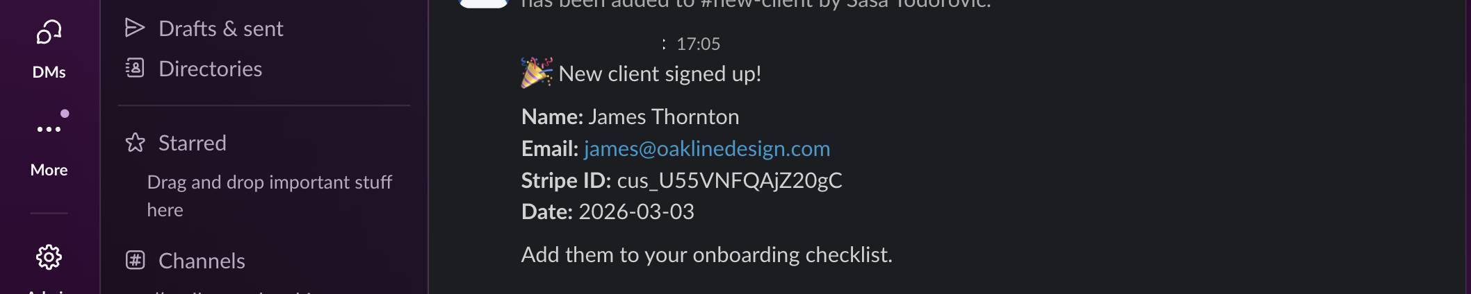 Make.com Stripe automation result — Slack notification with new client details
