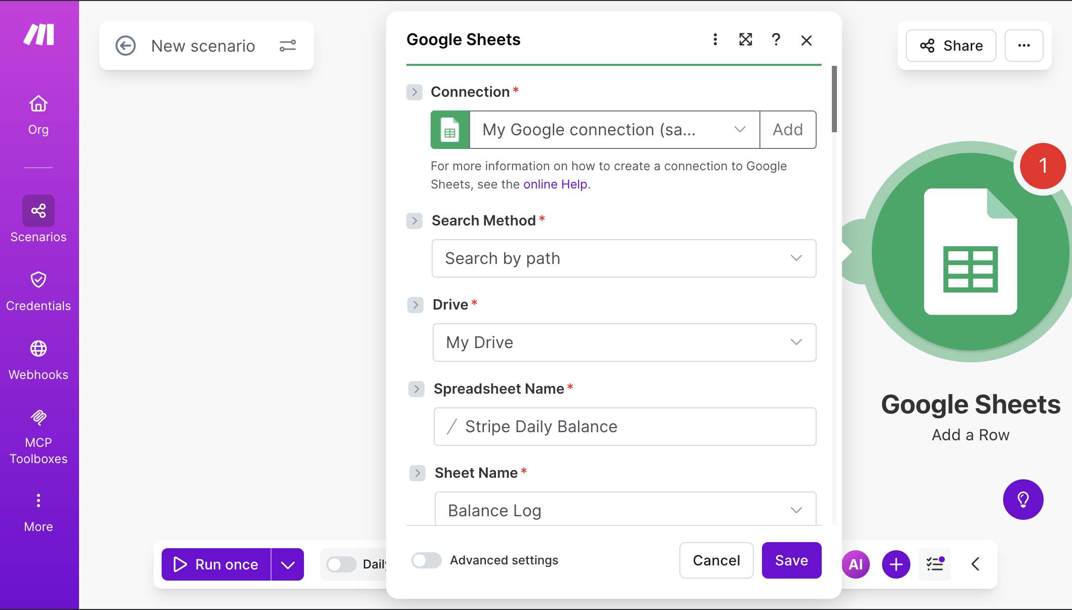 Google Sheets module — connection, Stripe Daily Balance spreadsheet, and Balance Log sheet selected