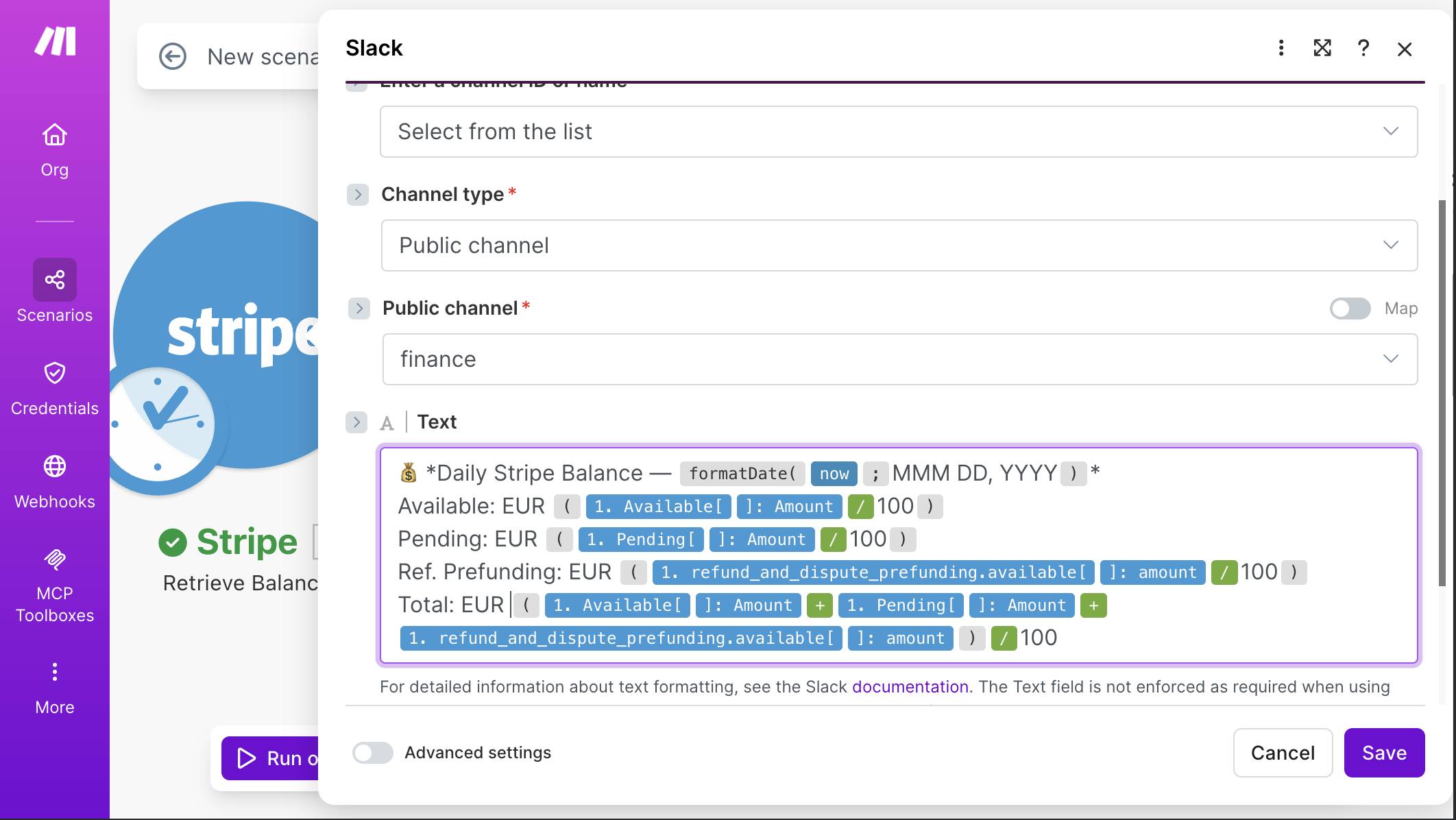 Slack module — Public channel, #finance selected, message text with Daily Stripe Balance header, Available, Pending, Ref. Pre