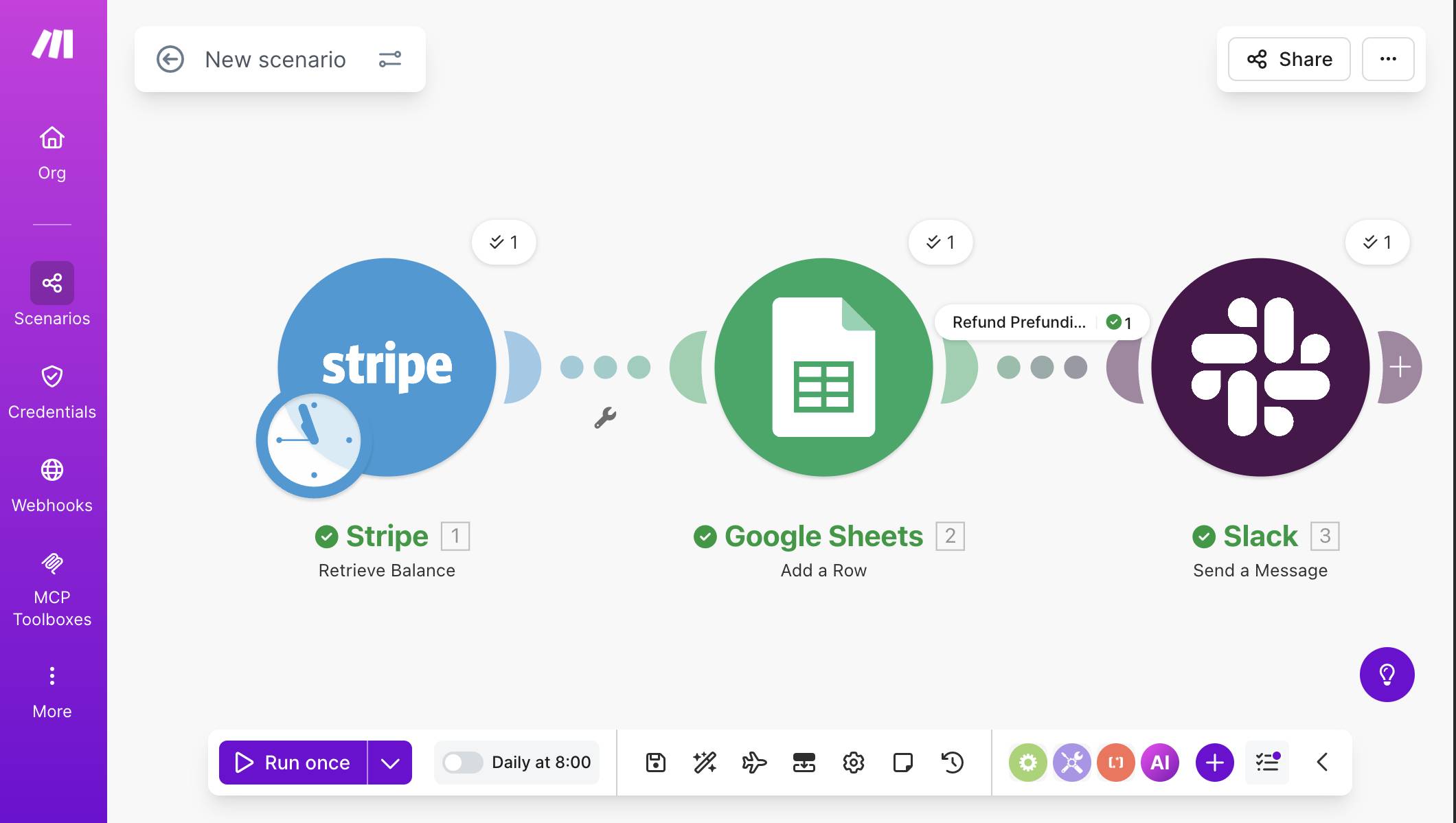 Complete scenario — Stripe Retrieve Balance, Google Sheets Add a Row, and Slack Send a Message connected with "Refund Prefund