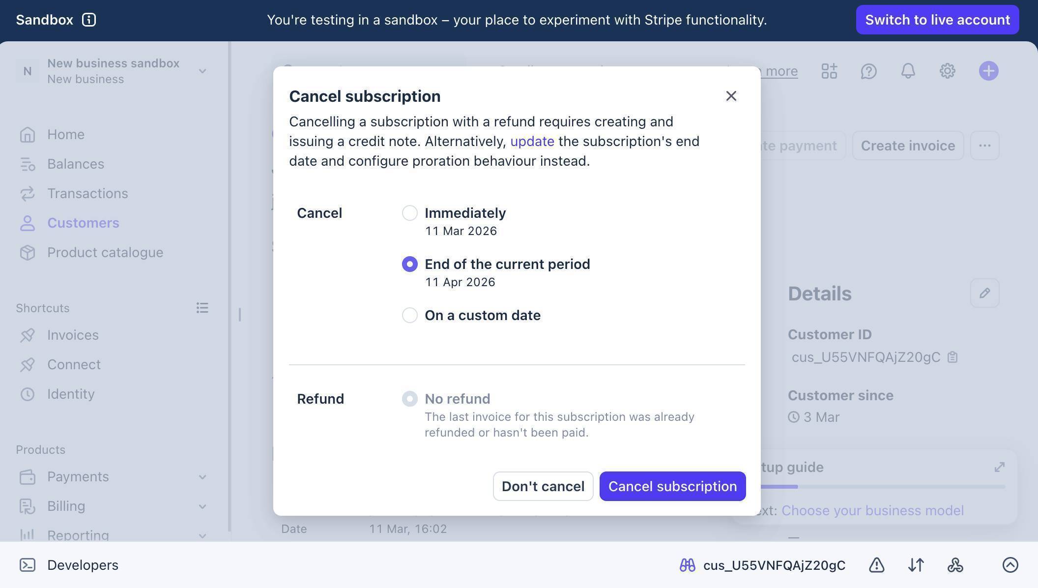 Stripe dashboard — Cancel subscription modal with End of current period selected