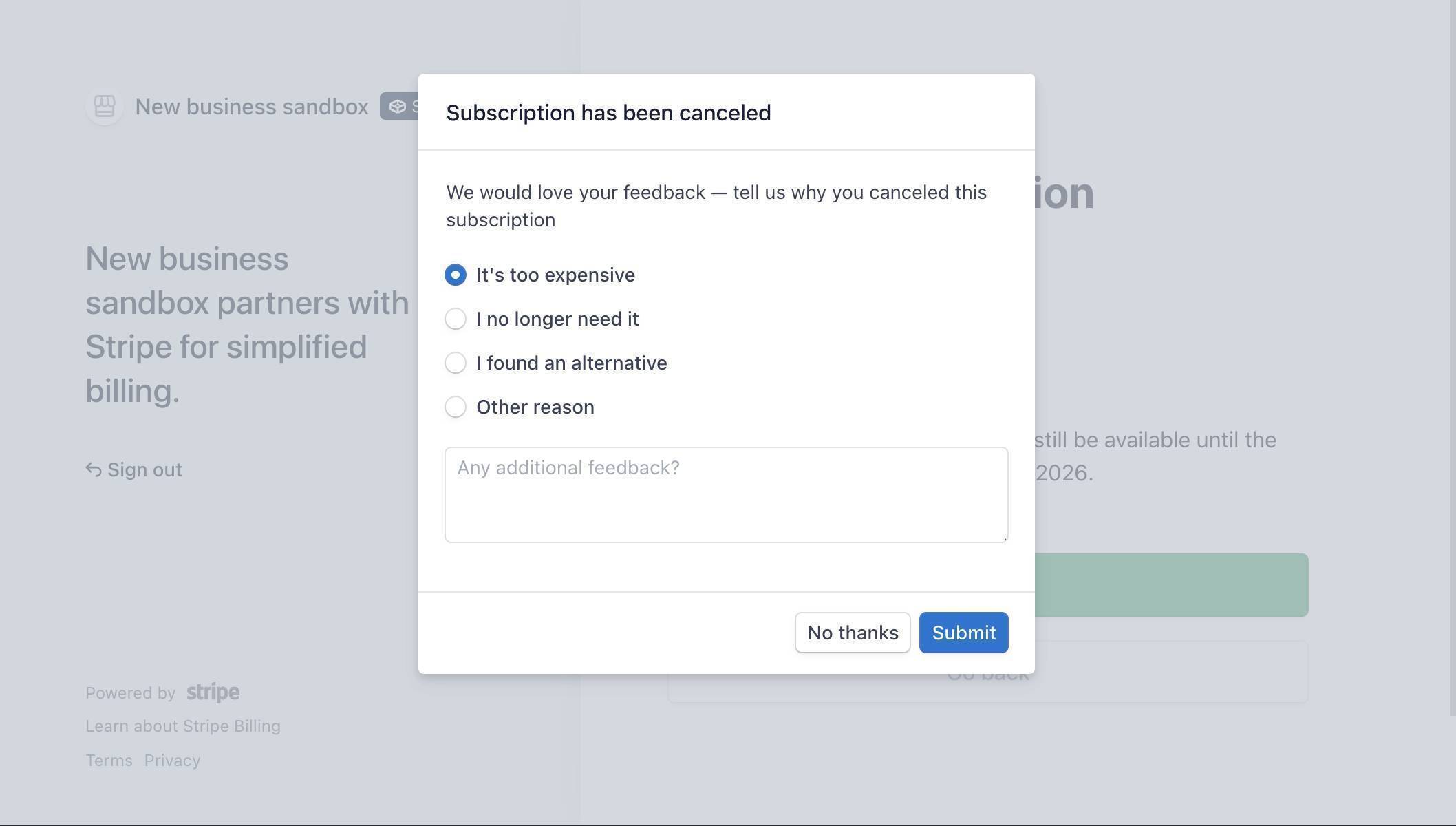 Stripe Customer Portal — cancellation feedback form with reason options