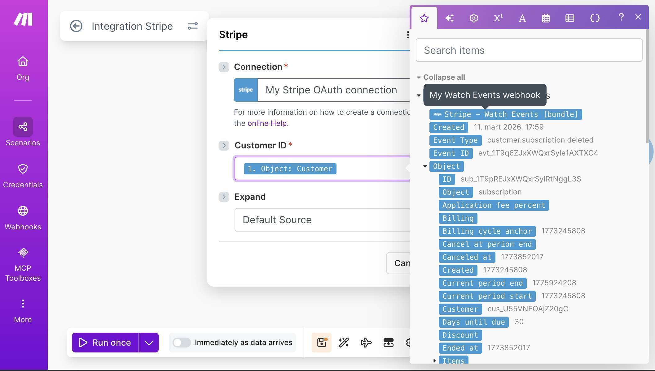 Make.com Stripe webhook output — subscription payload with customer ID and cancellation details