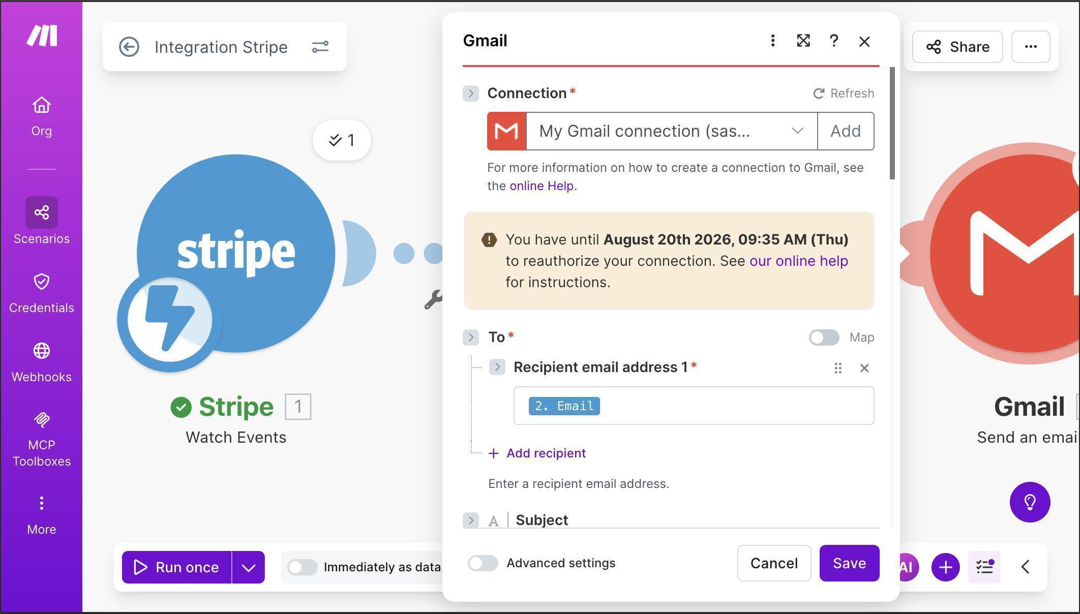 Make.com Gmail module — To field mapped to customer email from Retrieve a Customer