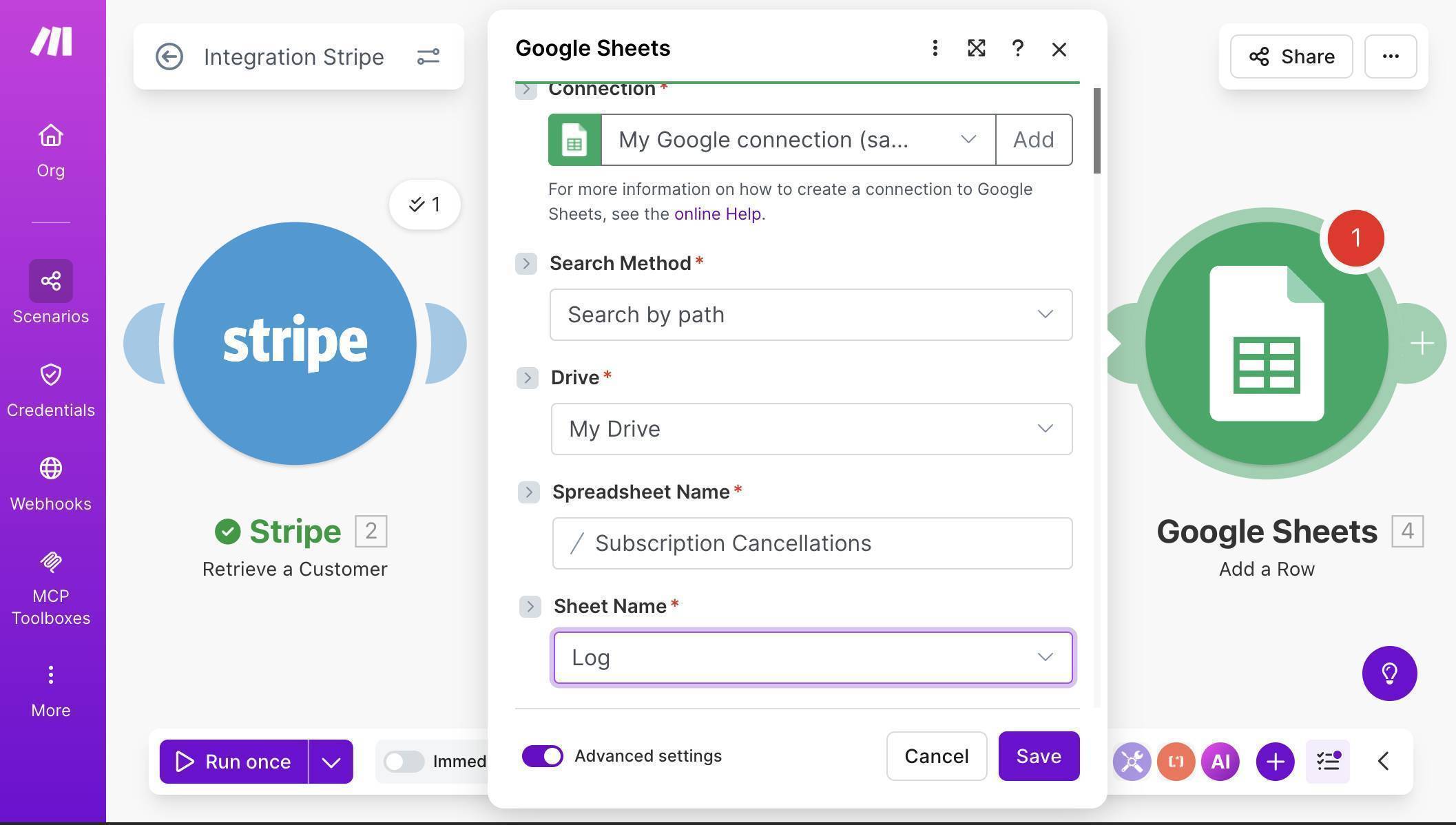Make.com Google Sheets module — Subscription Cancellations spreadsheet and Log sheet selected