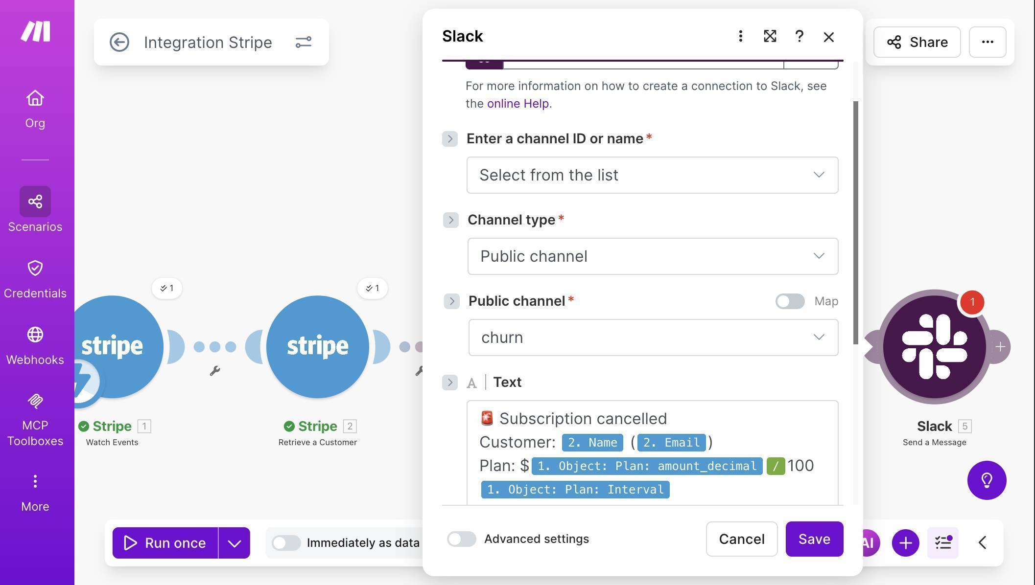 Make.com Slack module — churn channel selected with cancellation alert message template