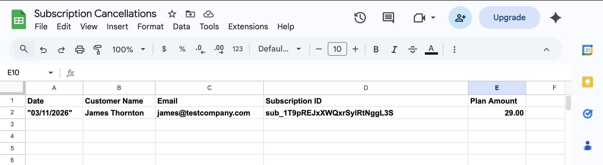 Google Sheets Subscription Cancellations — cancellation row with date, customer name, and plan amount