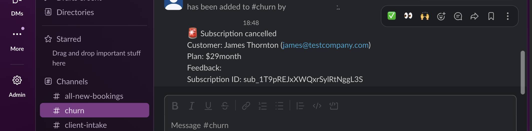 Slack churn channel — cancellation alert with customer name, plan, and subscription ID