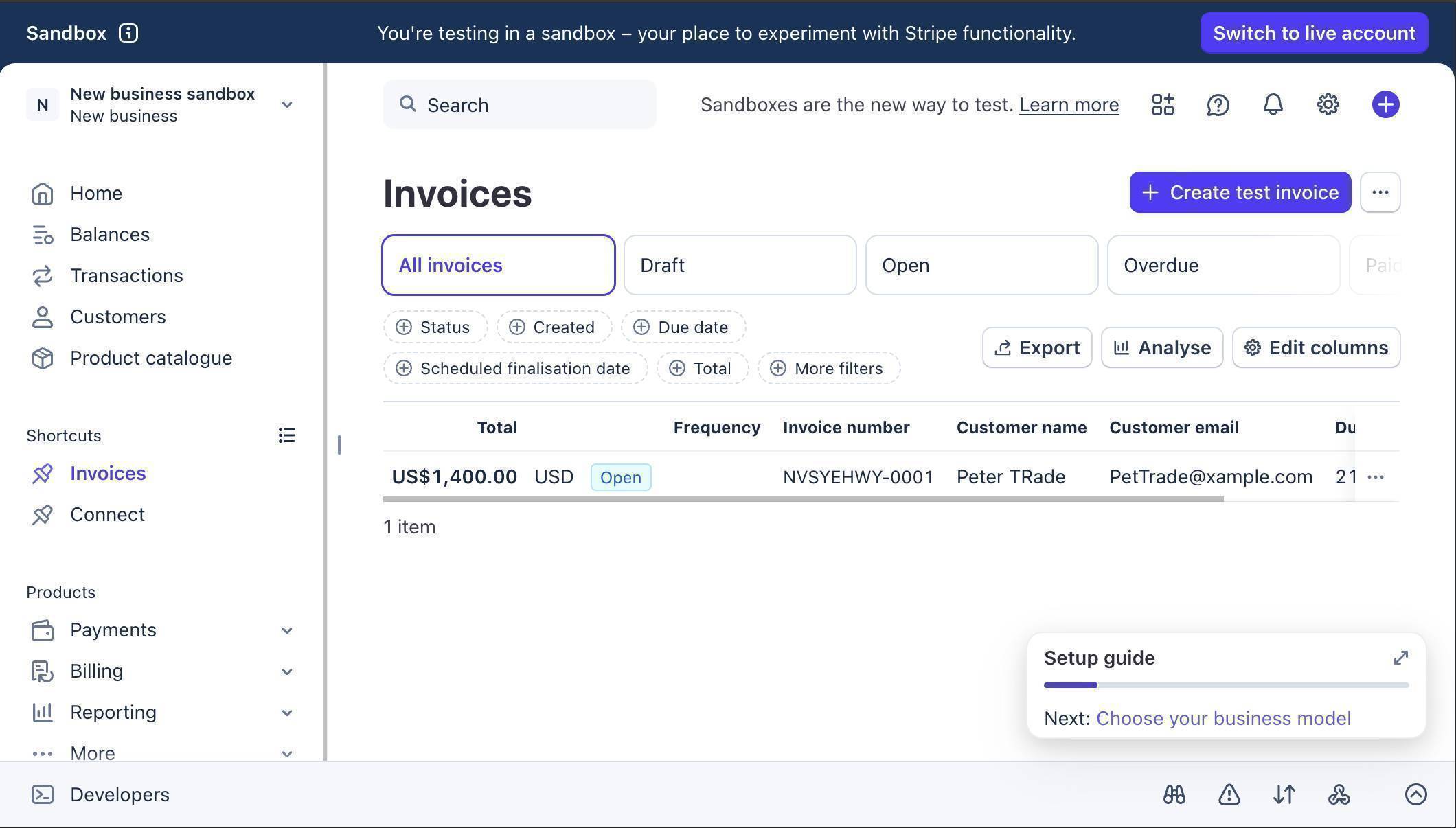 Stripe sandbox dashboard showing an open invoice for a test customer