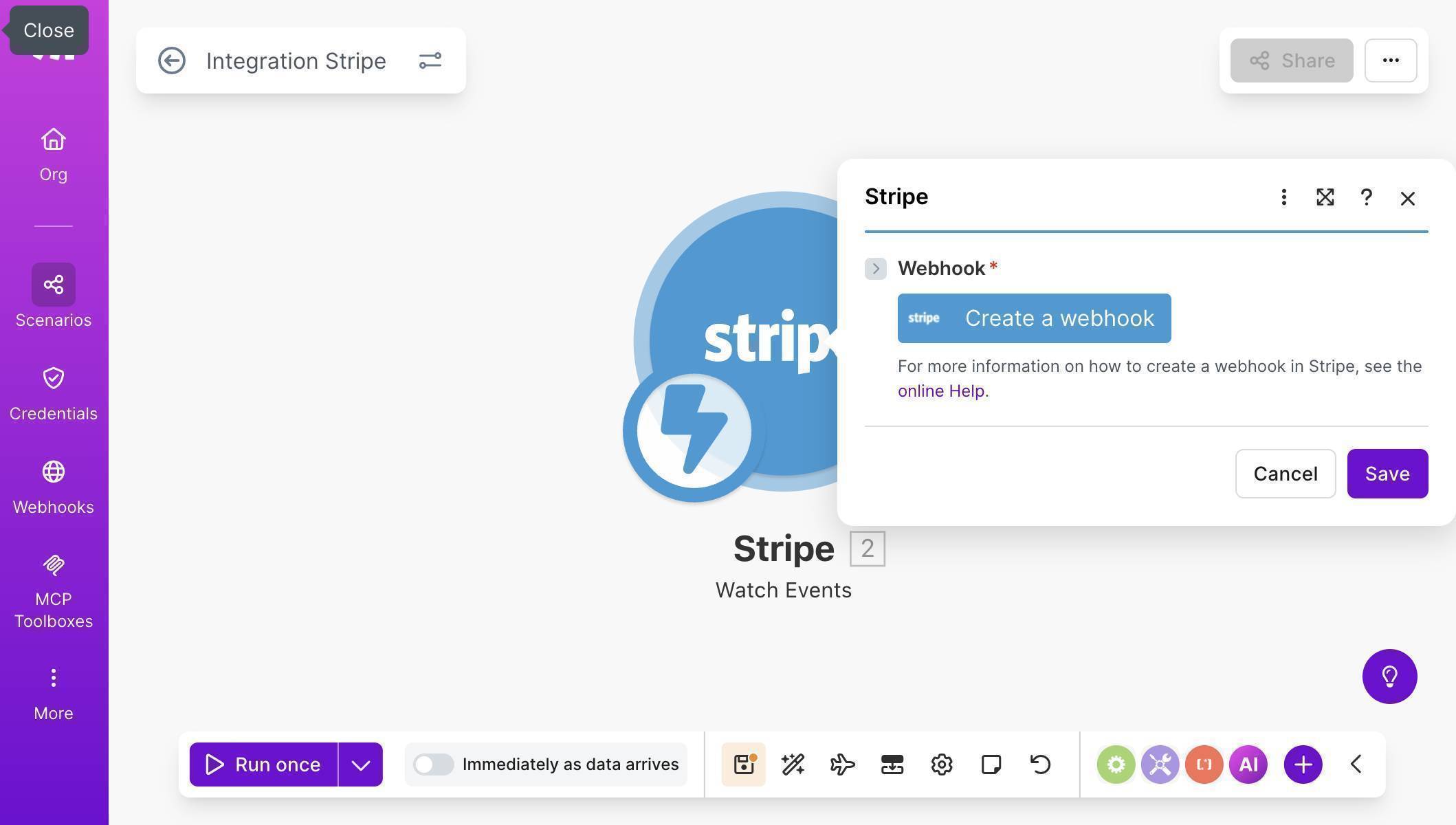Make.com scenario canvas with the Stripe Watch Events module and Create a webhook button