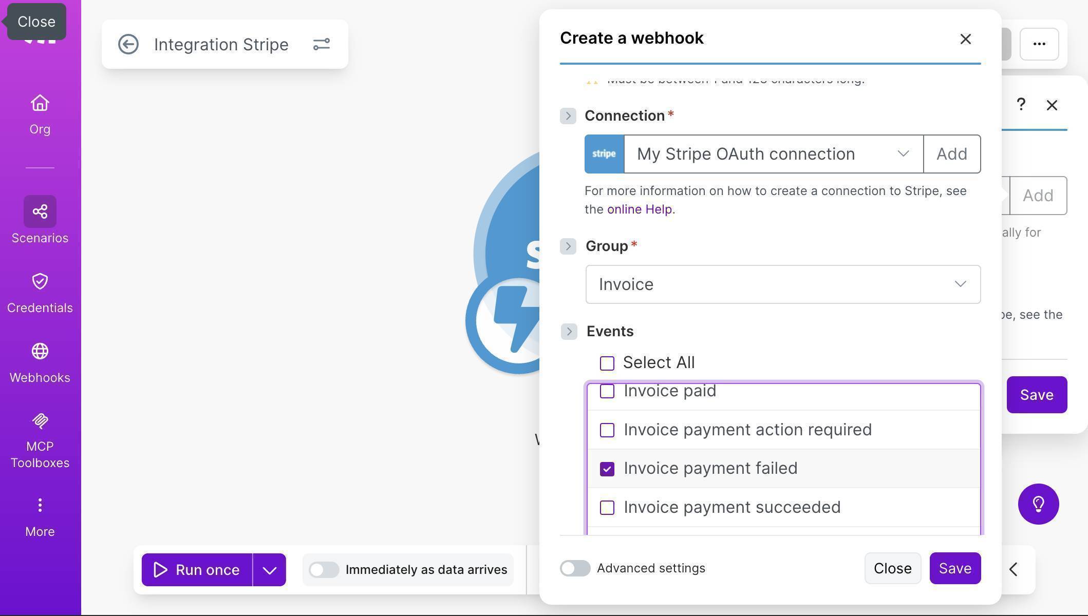 Webhook configuration showing Invoice group with Invoice payment failed event selected