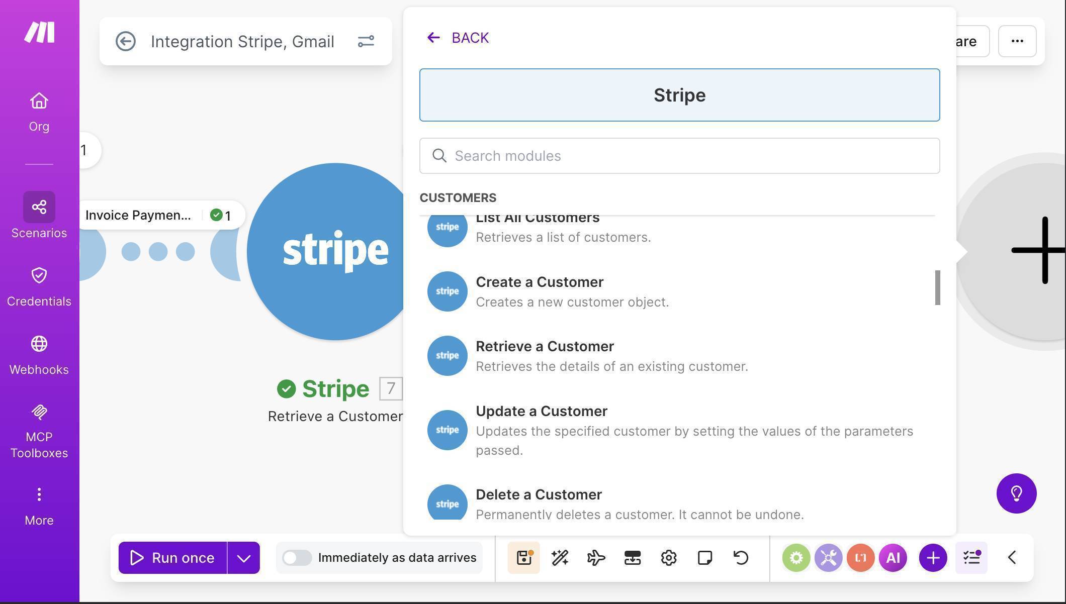 Make.com module picker showing Stripe Retrieve a Customer option