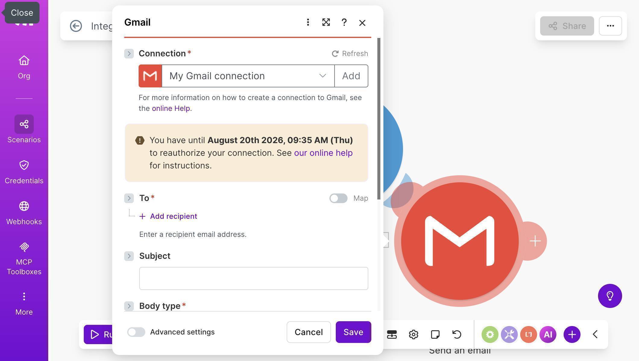 Gmail module showing connection setup with To, Subject and Body fields