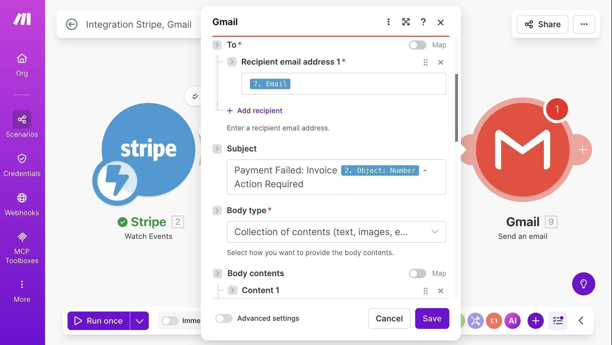 Gmail module with To field mapped to customer email and Subject with invoice number