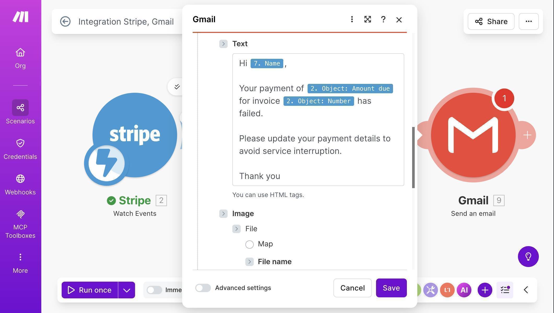 Gmail body showing dynamic fields mapped — customer name, payment amount, and invoice number