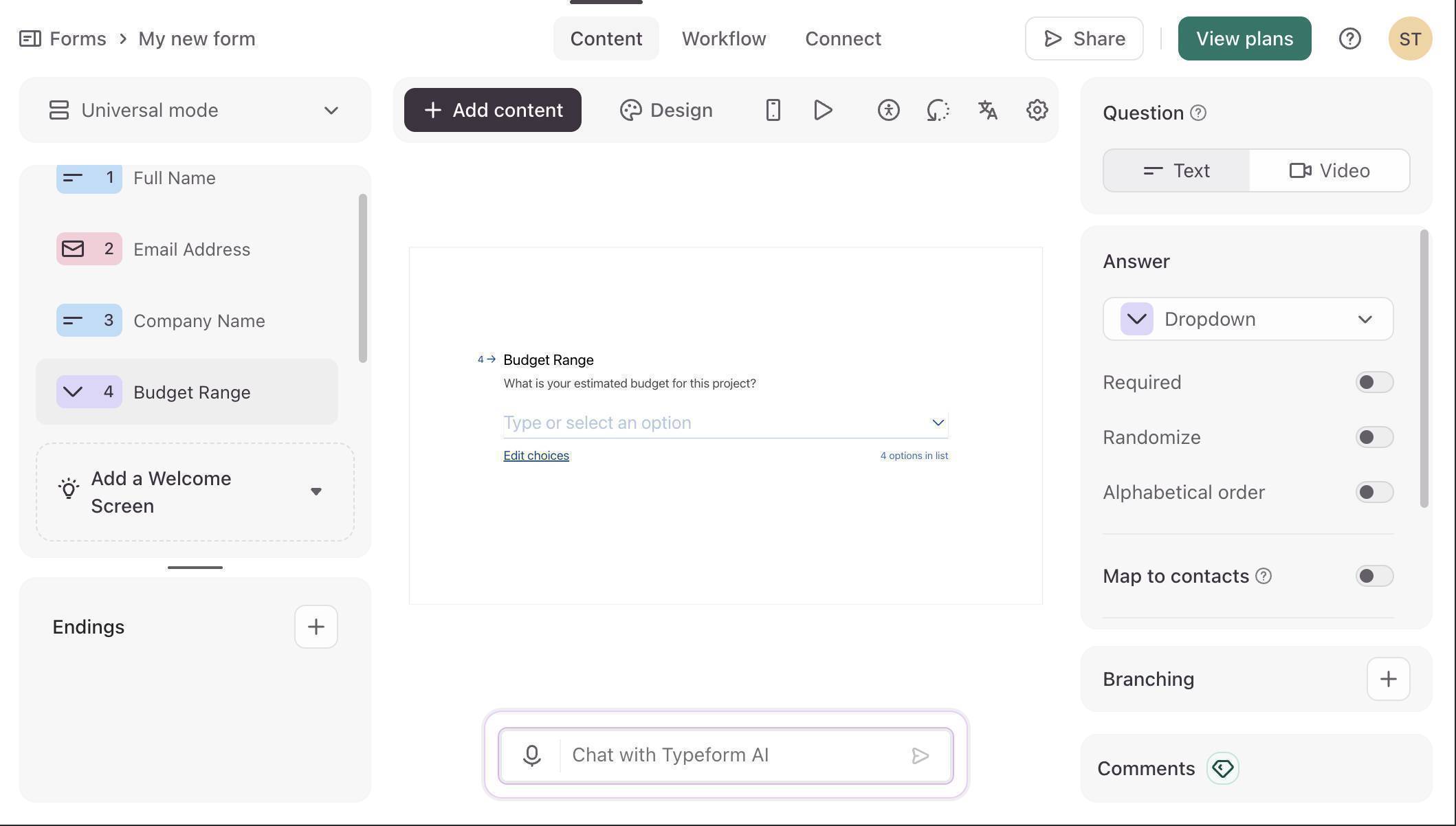 Typeform editor — client intake form with five fields configured