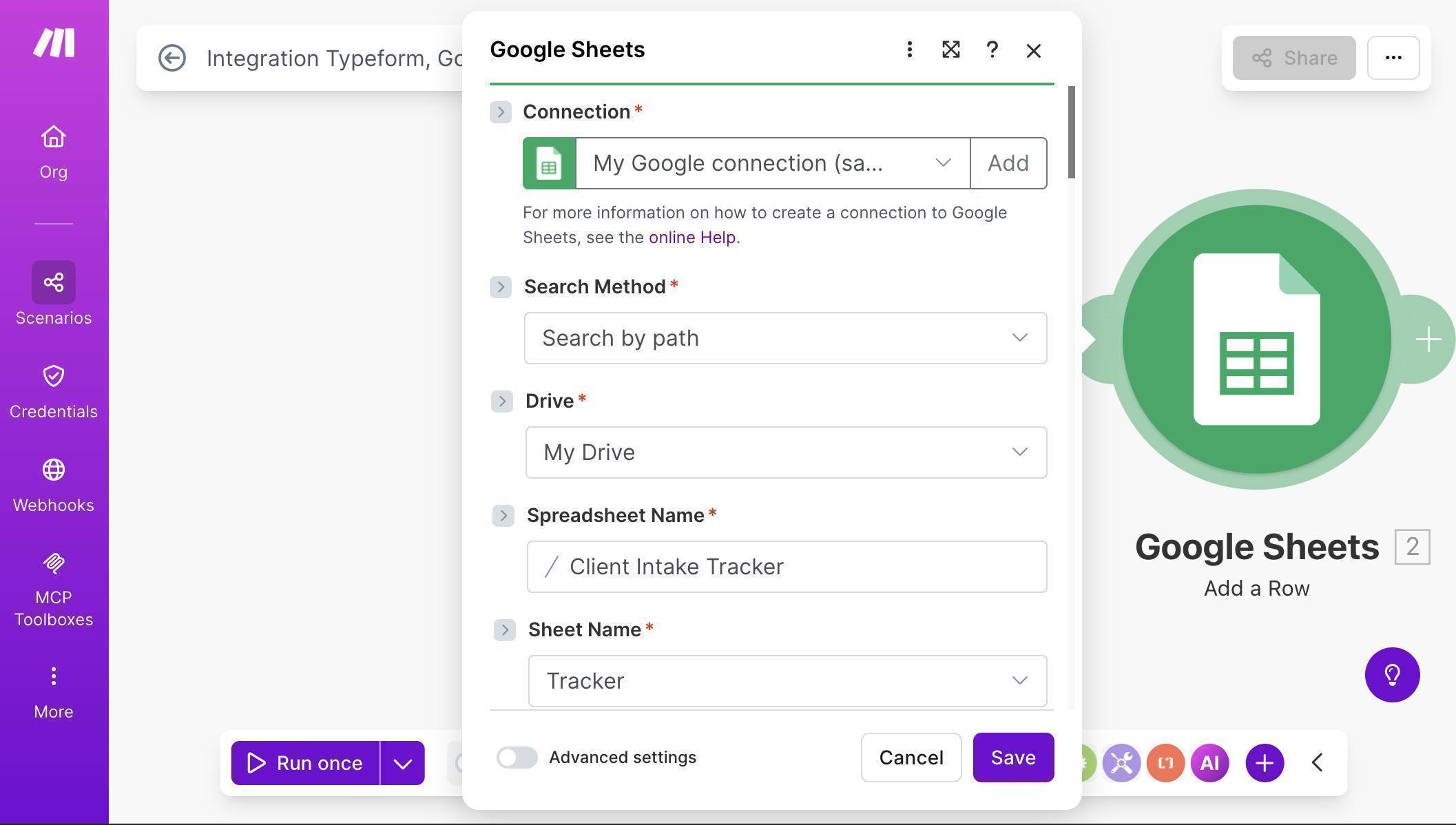 Google Sheets module — connection configured with Client Intake Tracker spreadsheet selected