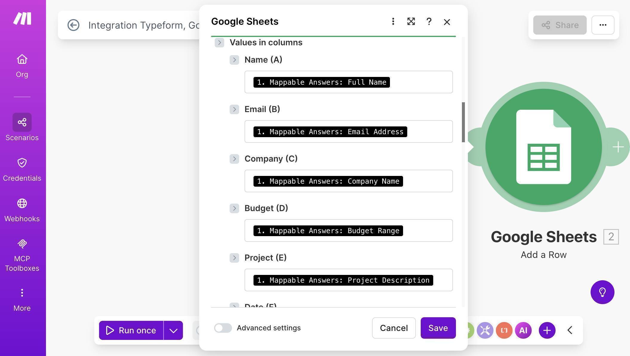 Field mapping — Typeform response data mapped to Google Sheets columns