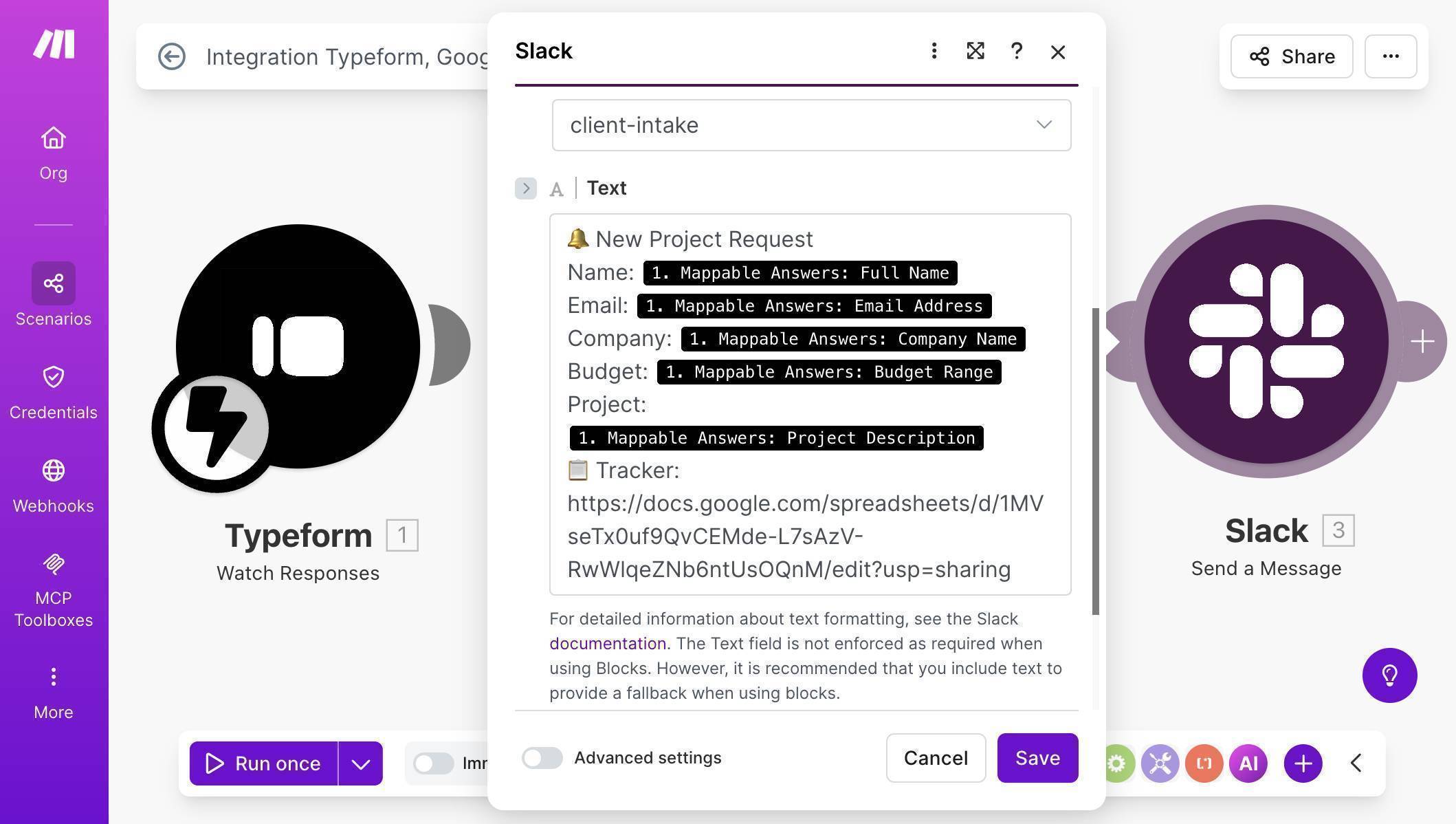 Slack message body with mapped Typeform fields — New Project Request notification with all client details