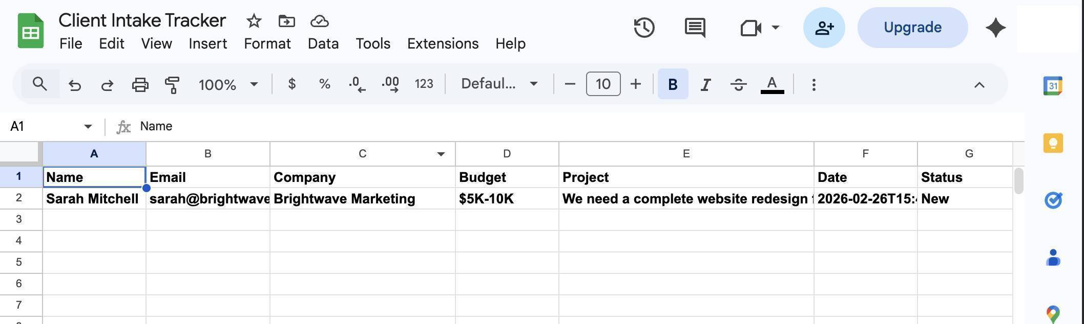 Google Sheet populated with test data — Name, Email, Company, Budget, Project, Date and Status columns filled