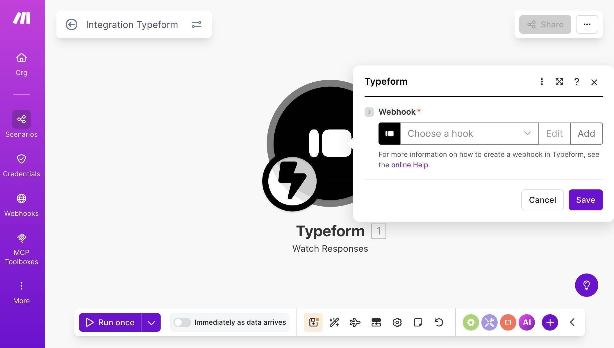 Typeform Watch Responses INSTANT module — webhook configuration dialog