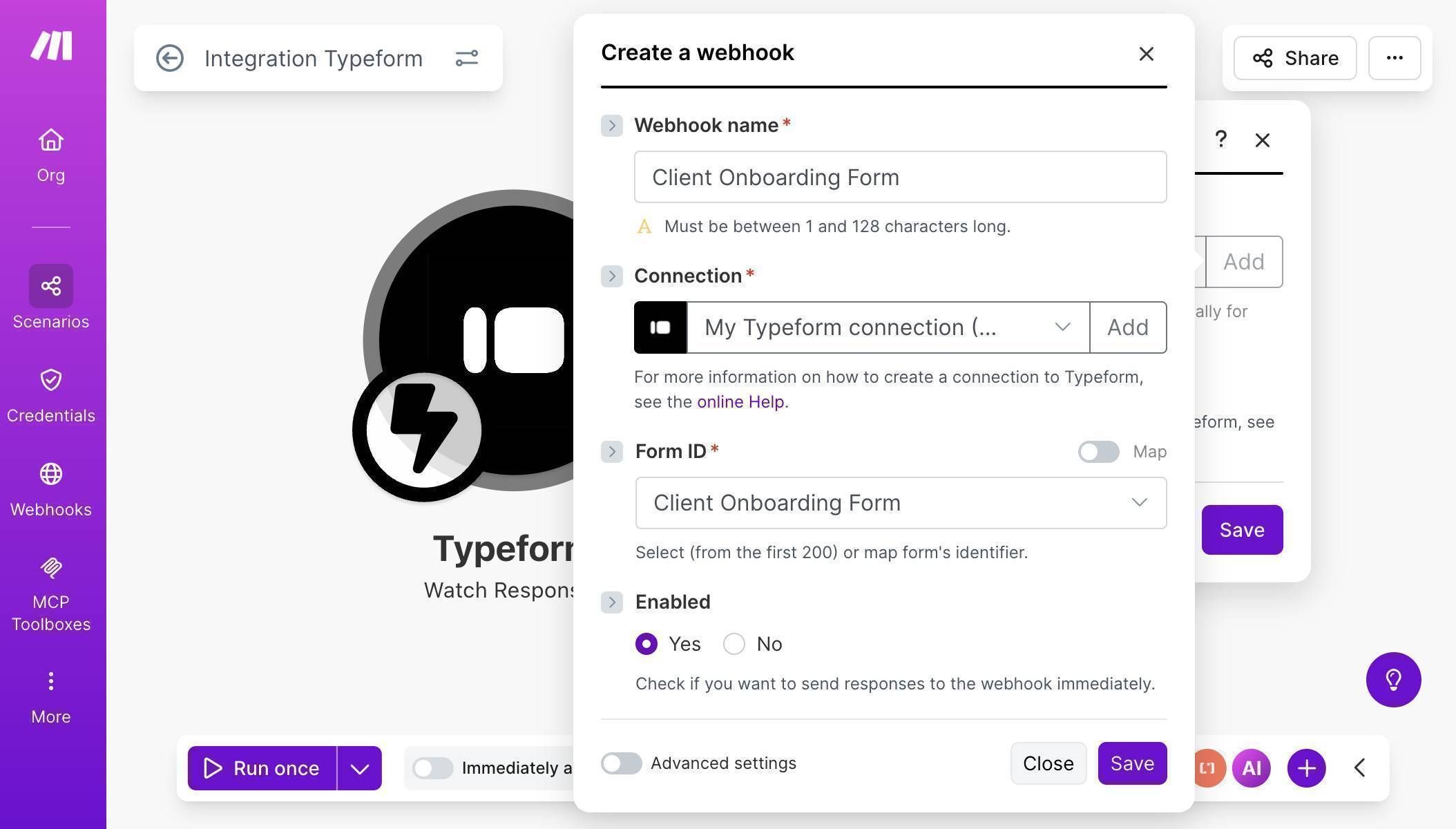 Typeform webhook configured — connection established, Client Onboarding Form selected, webhook enabled
