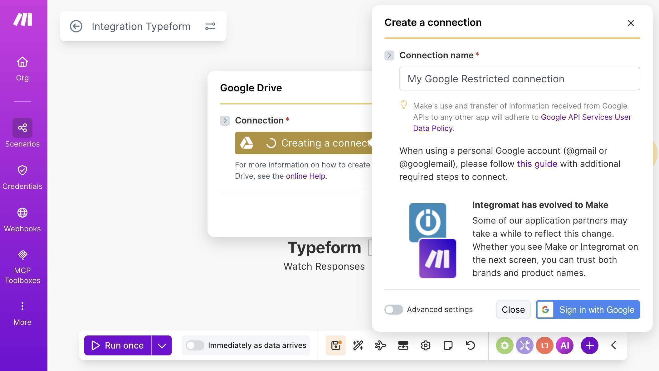 Google Drive connection dialog — Advanced settings with custom OAuth credentials for restricted API access