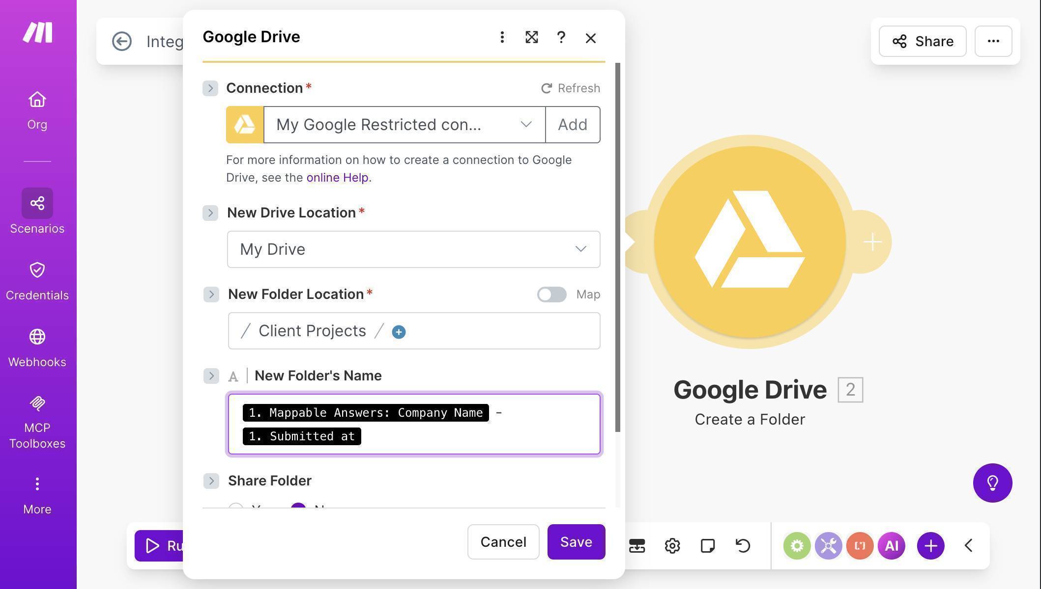 Google Drive Create a Folder — folder name mapped from Typeform Company Name and submission timestamp