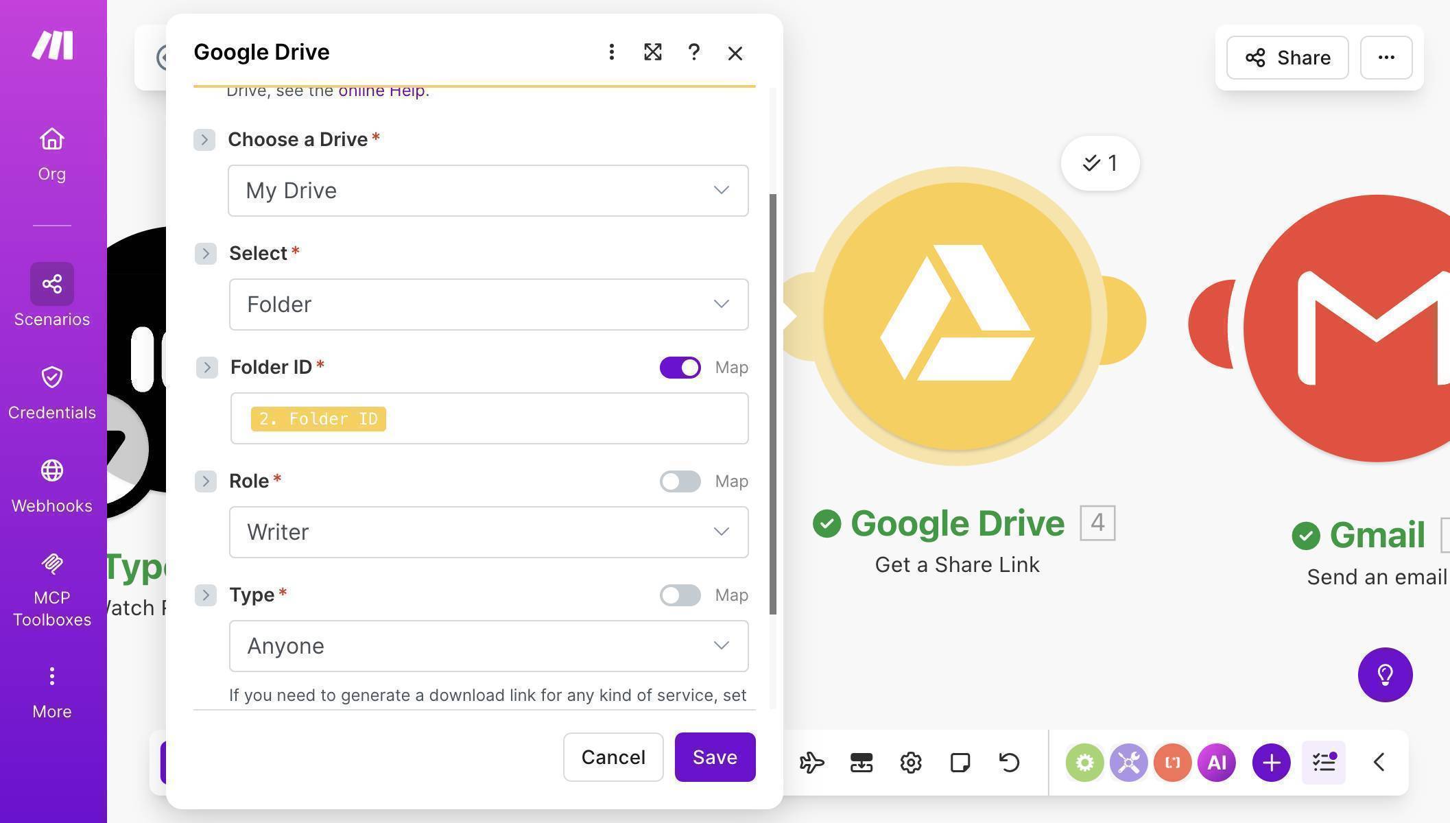 Google Drive Get a Share Link — Folder ID mapped, Role set to Writer, Type set to Anyone