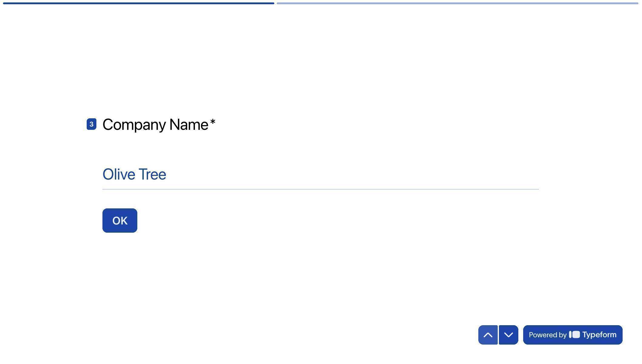 Typeform live form — test submission with sample company name