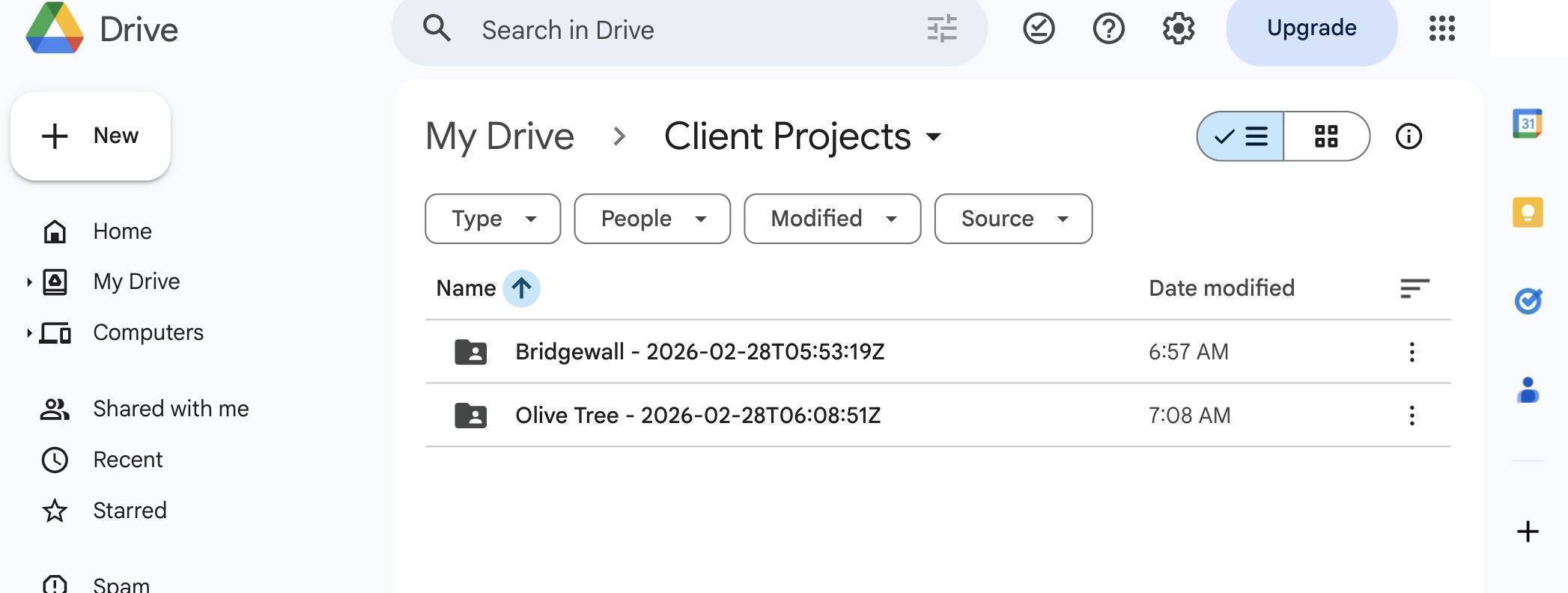 Google Drive Client Projects folder — two automatically created client folders with company names and dates