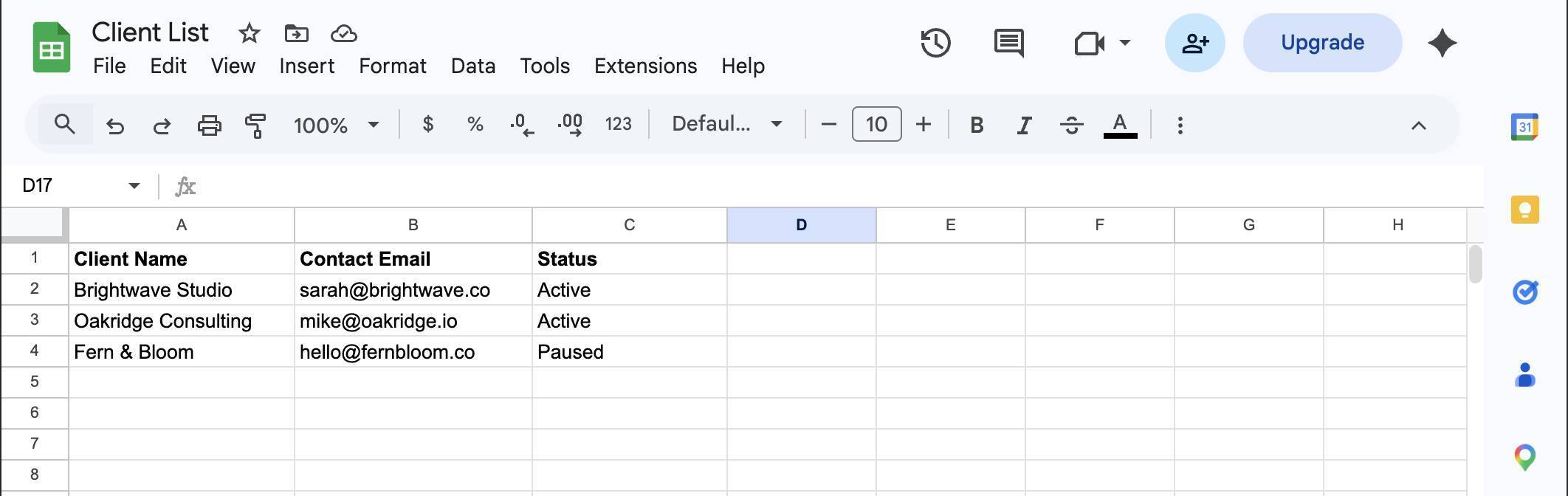 Client List spreadsheet — three clients with Status column (Active or Paused)