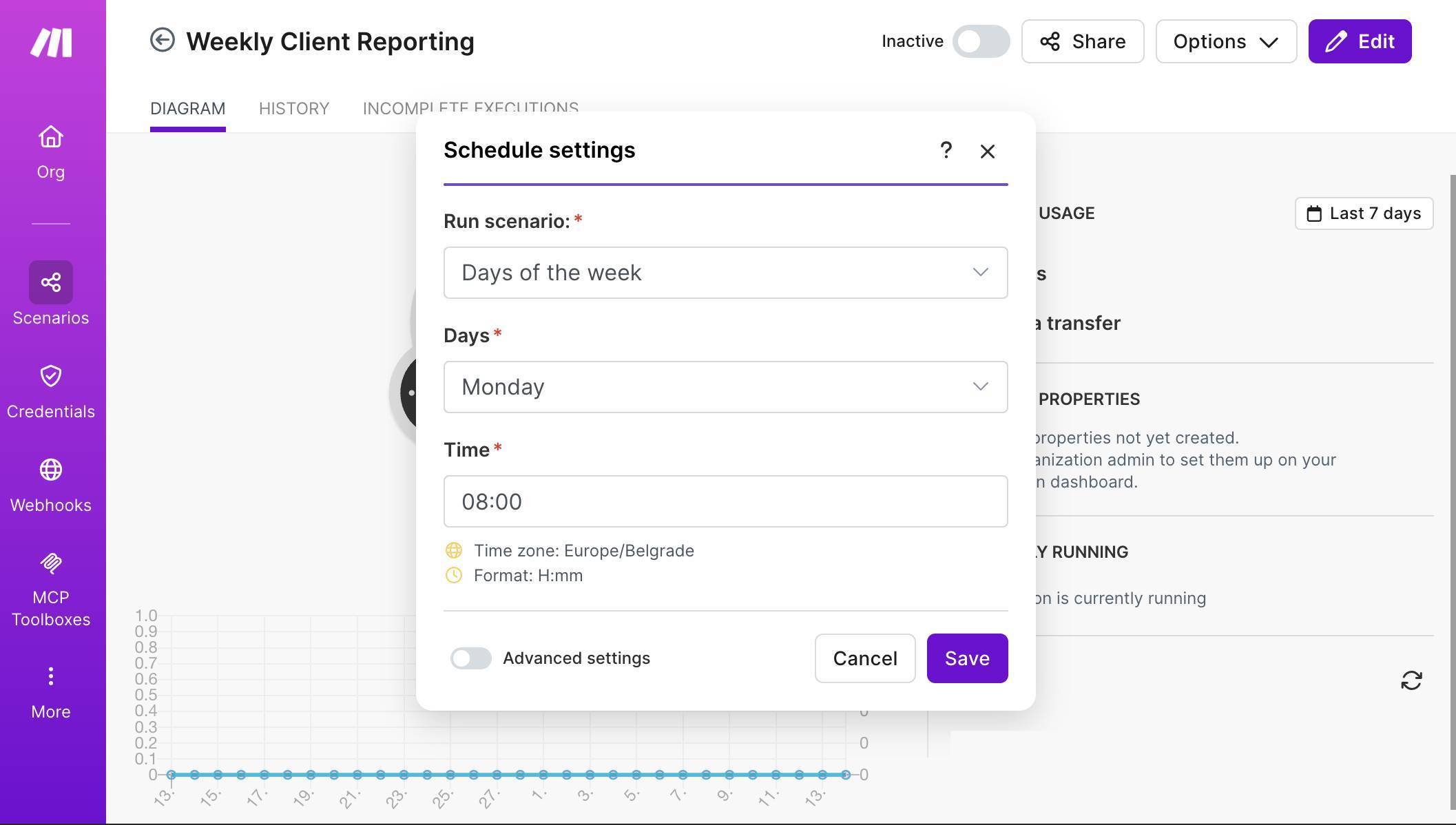 Make.com Schedule settings — run every Monday at 08:00, Europe/Belgrade timezone