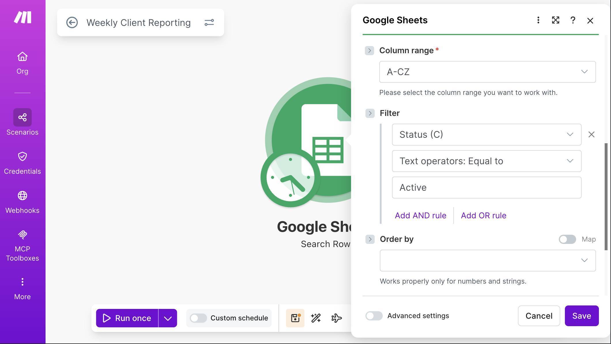 Google Sheets filter — Status column equals Active