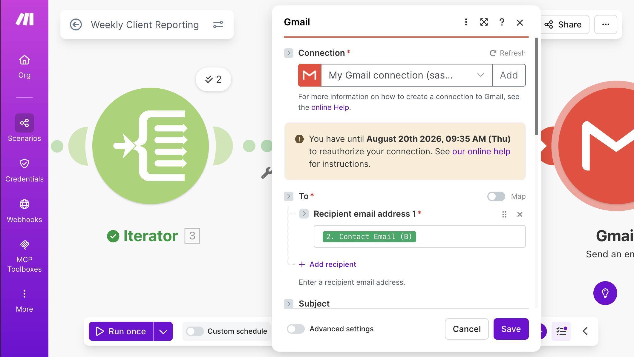 Gmail module — To field mapped to Contact Email from Client List
