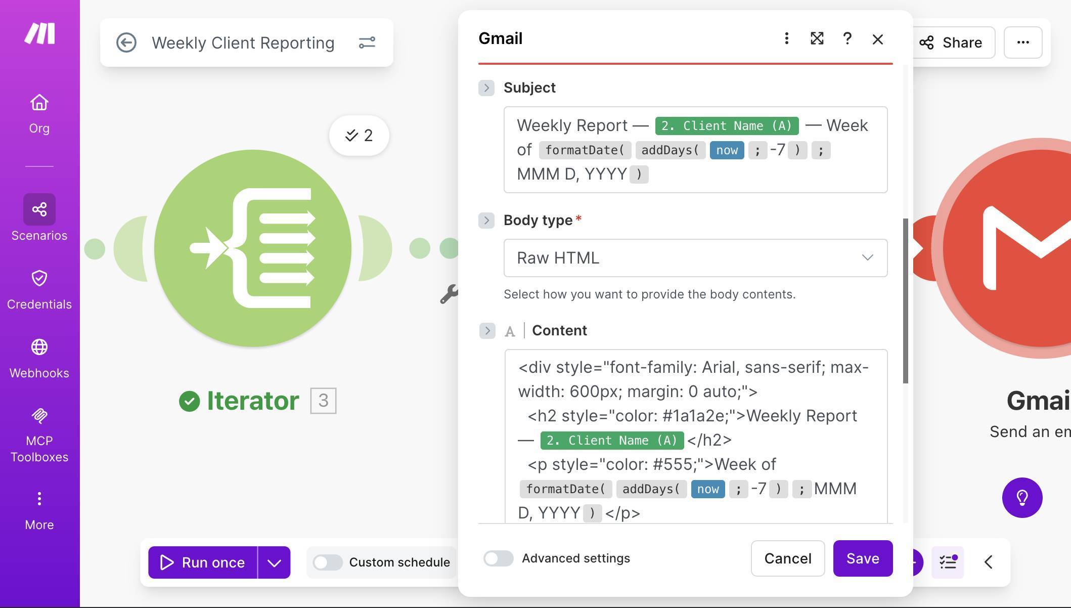 Gmail module — Subject with client name and date formula, Body type set to Raw HTML, and HTML content in the Content field