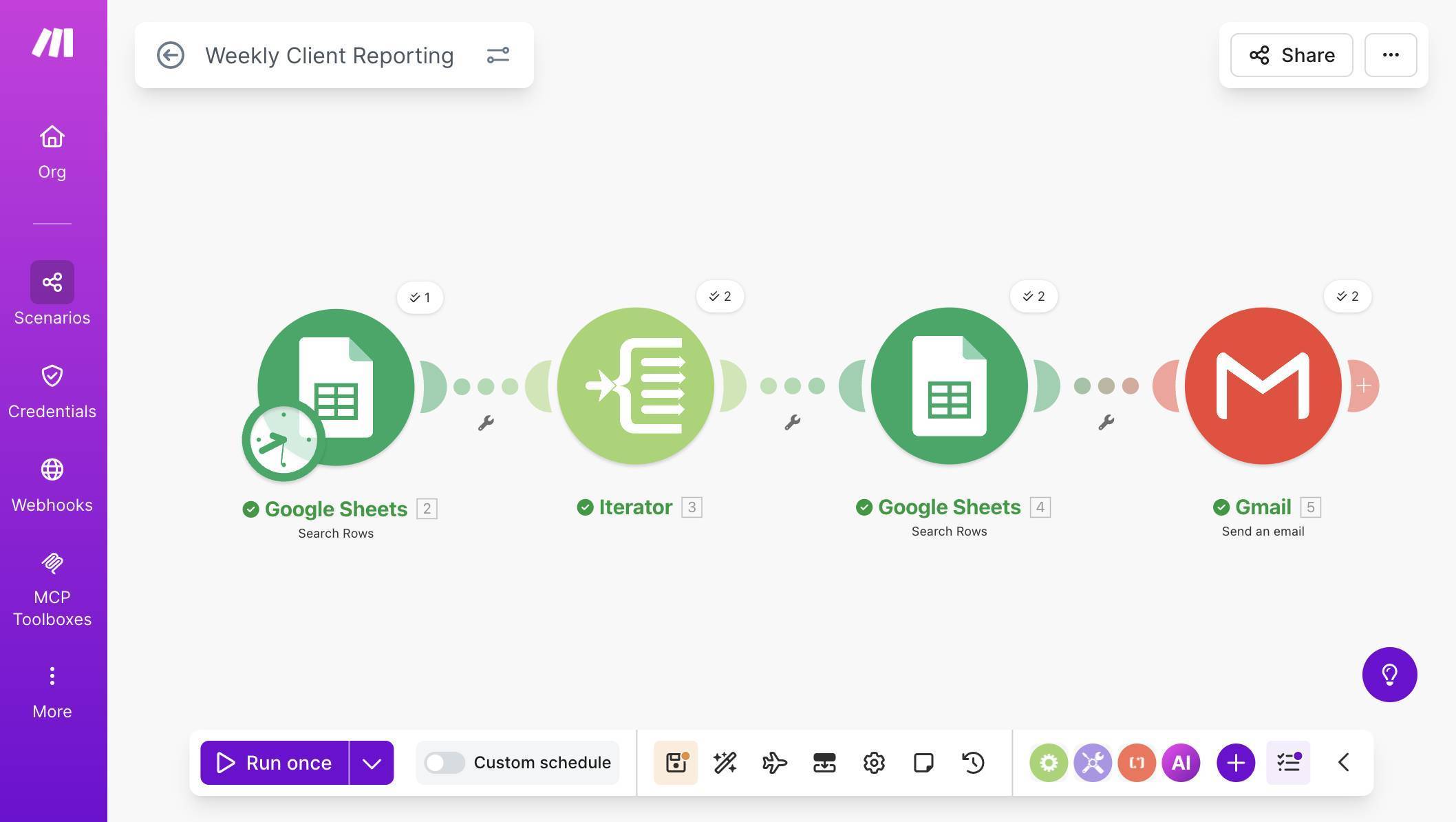 Complete scenario — four modules connected with green checkmarks after successful execution